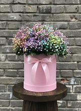 Цветочная композиция из Гипсофила и Розы в шляпной коробке в Кусе
