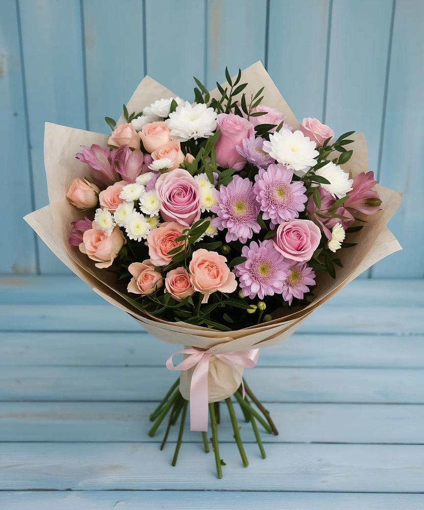 Букет цветов из: Хризантемы, Розы и Альстромерии в Кусе