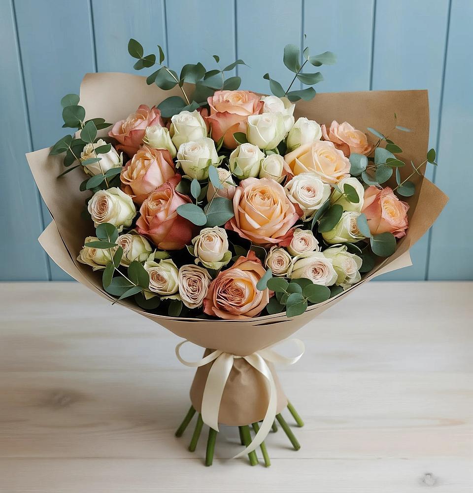 Букет цветов из: Альстромерии и Розы в Кусе