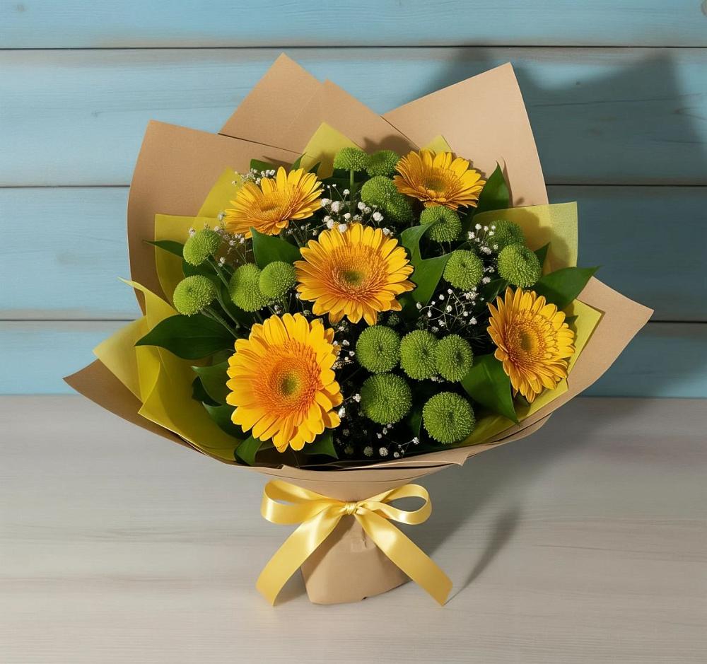 Букет цветов из: Герберы и Хризантемы в Кусе