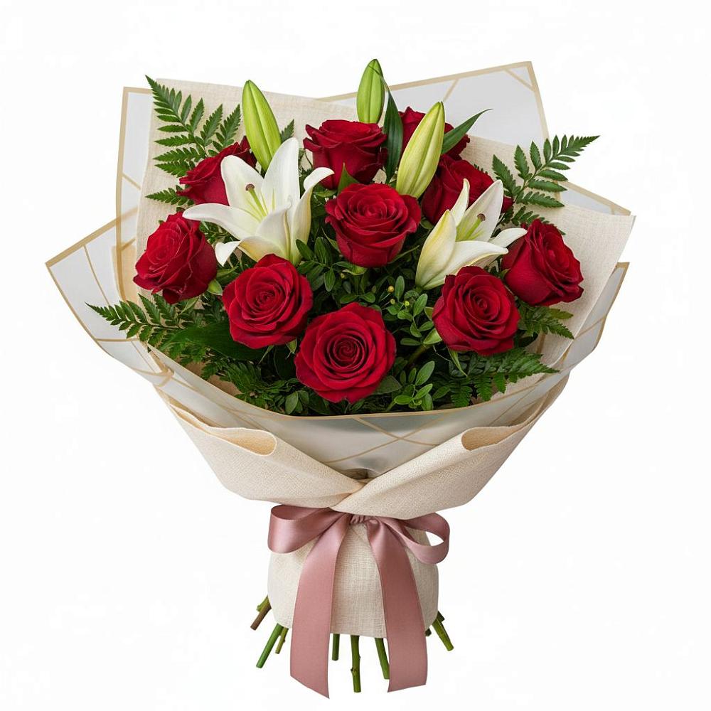 Букет цветов из: Лилии и Розы в Кусе