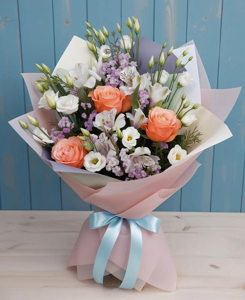 Букет цветов из: Лизиантусы, Розы, Альстромерии и Гипсофила в Кусе