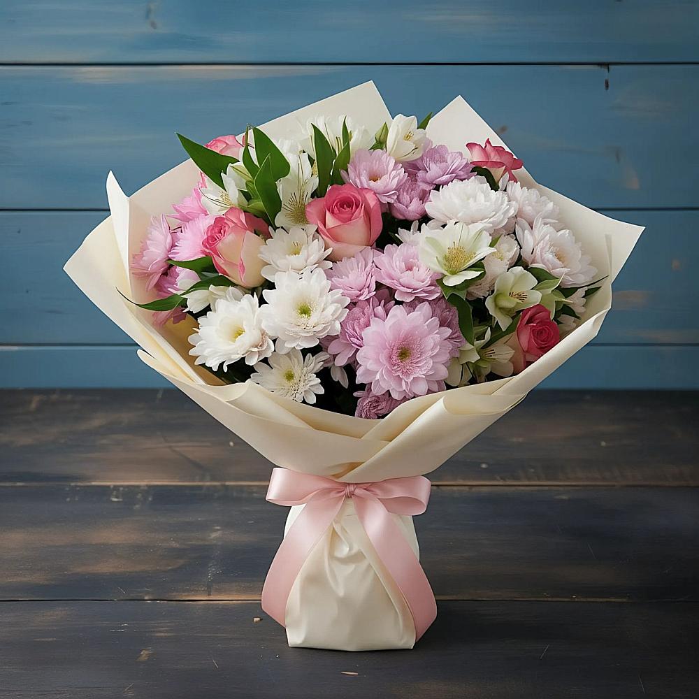 Букет цветов из: Хризантемы, Альстромерии и Розы в Кусе